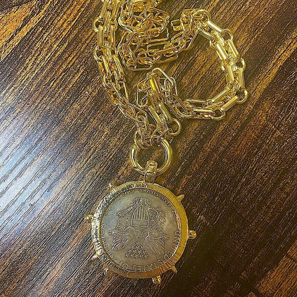 Gold Walking Liberty Coin Statement Necklace Large Chunky 1900 Liberty Coin - Picture 5 of 5